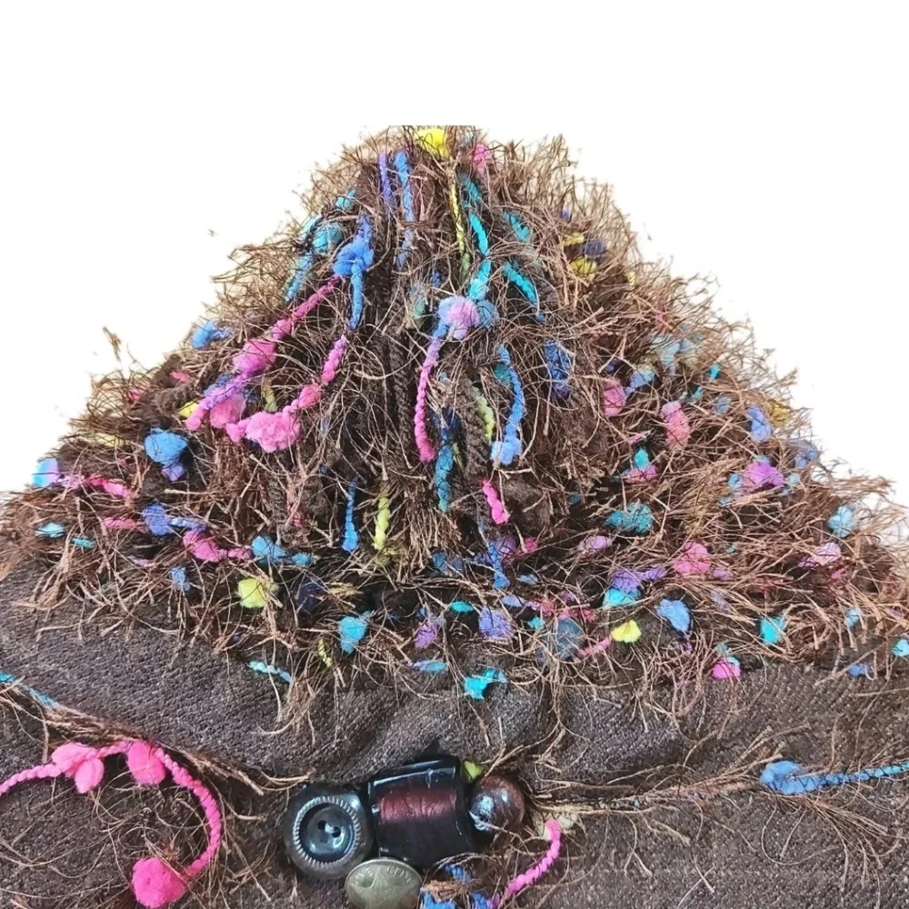 Sue Gallion Y2k Fairy Artsy Boho Brown Frilly Rainbow Confetti Beanie Hat Cap